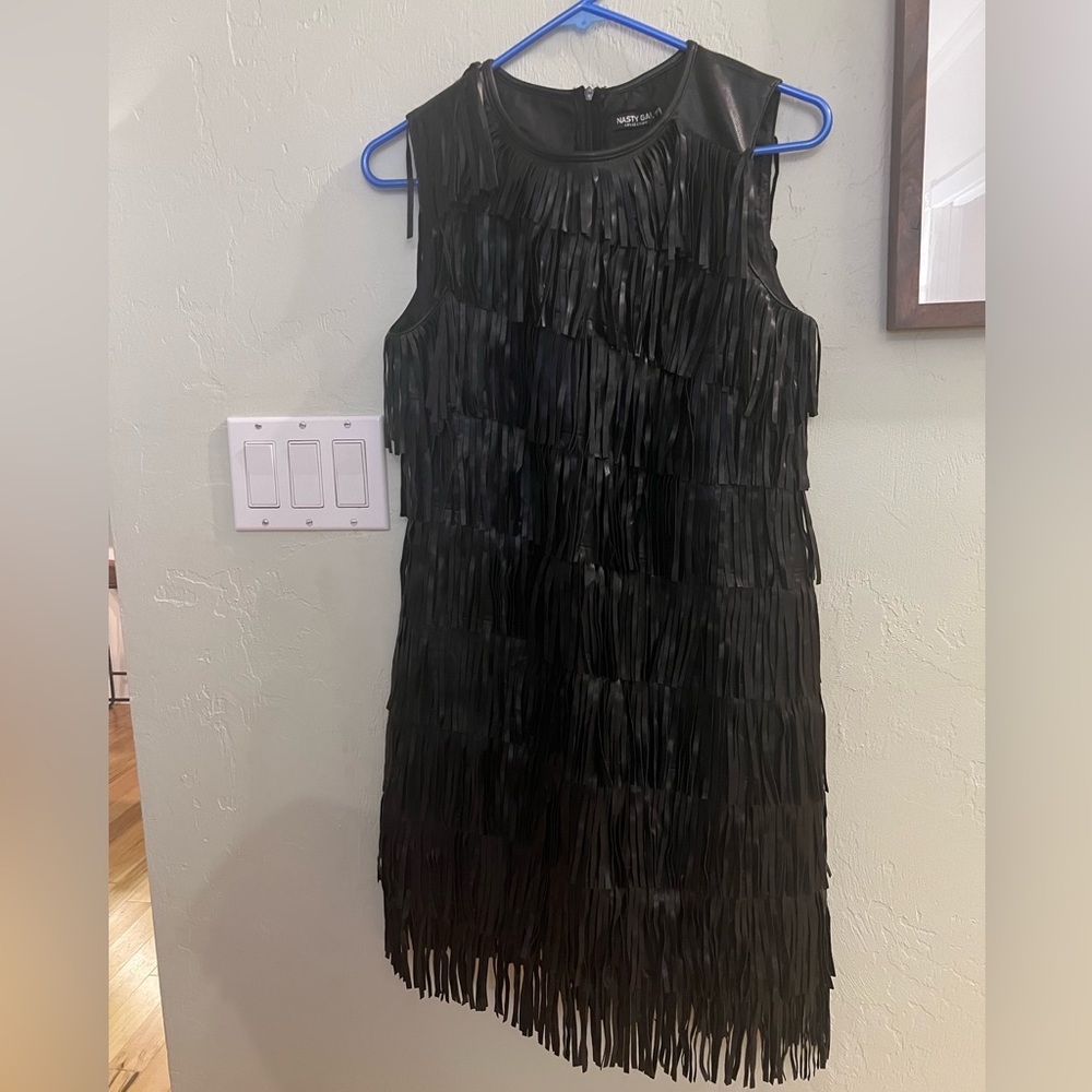 NWT Nasty Gal Faux Leather Fringe Dress in Black, Size 6.
